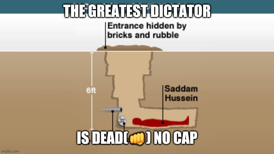 E?️IC MEME (?normal pills) | THE GREATEST DICTATOR; IS DEAD(👊) NO CAP | image tagged in saddam's hiding place,iraq,saad maan,pogg,funni | made w/ Imgflip meme maker