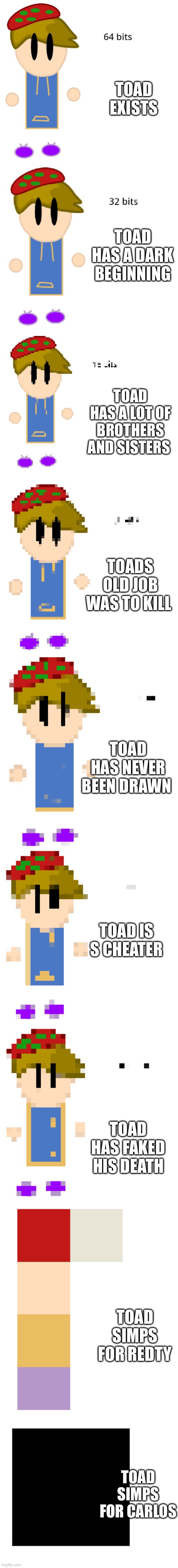 toad 64 bits | TOAD EXISTS; TOAD HAS A DARK BEGINNING; TOAD HAS A LOT OF BROTHERS AND SISTERS; TOADS OLD JOB WAS TO KILL; TOAD HAS NEVER BEEN DRAWN; TOAD IS S CHEATER; TOAD HAS FAKED HIS DEATH; TOAD SIMPS FOR REDTY; TOAD SIMPS FOR CARLOS | image tagged in toad 64 bits | made w/ Imgflip meme maker