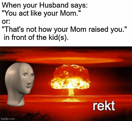 rekt w/text | When your Husband says:
"You act like your Mom."
or:
"That's not how your Mom raised you."
 in front of the kid(s). | image tagged in rekt w/text | made w/ Imgflip meme maker