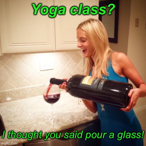 I’m Really Committed to Wellness. Namaste. | Yoga class? I thought you said pour a glass! | image tagged in funny memes,yoga,wine | made w/ Imgflip meme maker
