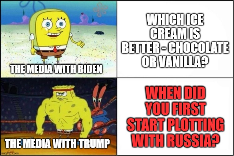 The Media Asks Dumb Questions to Biden | WHICH ICE CREAM IS BETTER - CHOCOLATE OR VANILLA? THE MEDIA WITH BIDEN; WHEN DID YOU FIRST START PLOTTING WITH RUSSIA? THE MEDIA WITH TRUMP | image tagged in weak vs strong spongebob,politics,funny memes | made w/ Imgflip meme maker