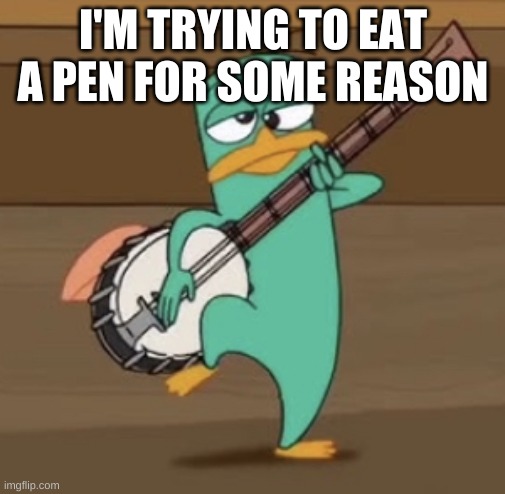 Drunk Perry Playing A Banjo | I'M TRYING TO EAT A PEN FOR SOME REASON | image tagged in drunk perry playing a banjo | made w/ Imgflip meme maker