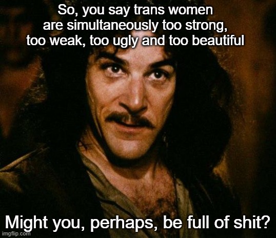 Inigo Montoya | So, you say trans women are simultaneously too strong, too weak, too ugly and too beautiful; Might you, perhaps, be full of shit? | image tagged in memes,inigo montoya | made w/ Imgflip meme maker