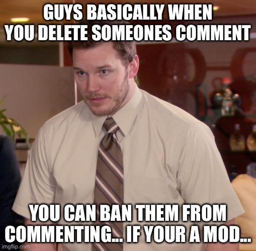 Oof... I feel like that should be an owner power not a mod | GUYS BASICALLY WHEN YOU DELETE SOMEONES COMMENT; YOU CAN BAN THEM FROM COMMENTING... IF YOUR A MOD... | image tagged in memes,afraid to ask andy | made w/ Imgflip meme maker
