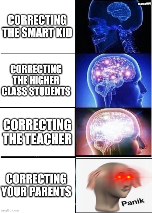 Expanding Brain Meme | MEMESR4LIFE; CORRECTING THE SMART KID; CORRECTING THE HIGHER CLASS STUDENTS; CORRECTING THE TEACHER; CORRECTING YOUR PARENTS | image tagged in memes,expanding brain | made w/ Imgflip meme maker