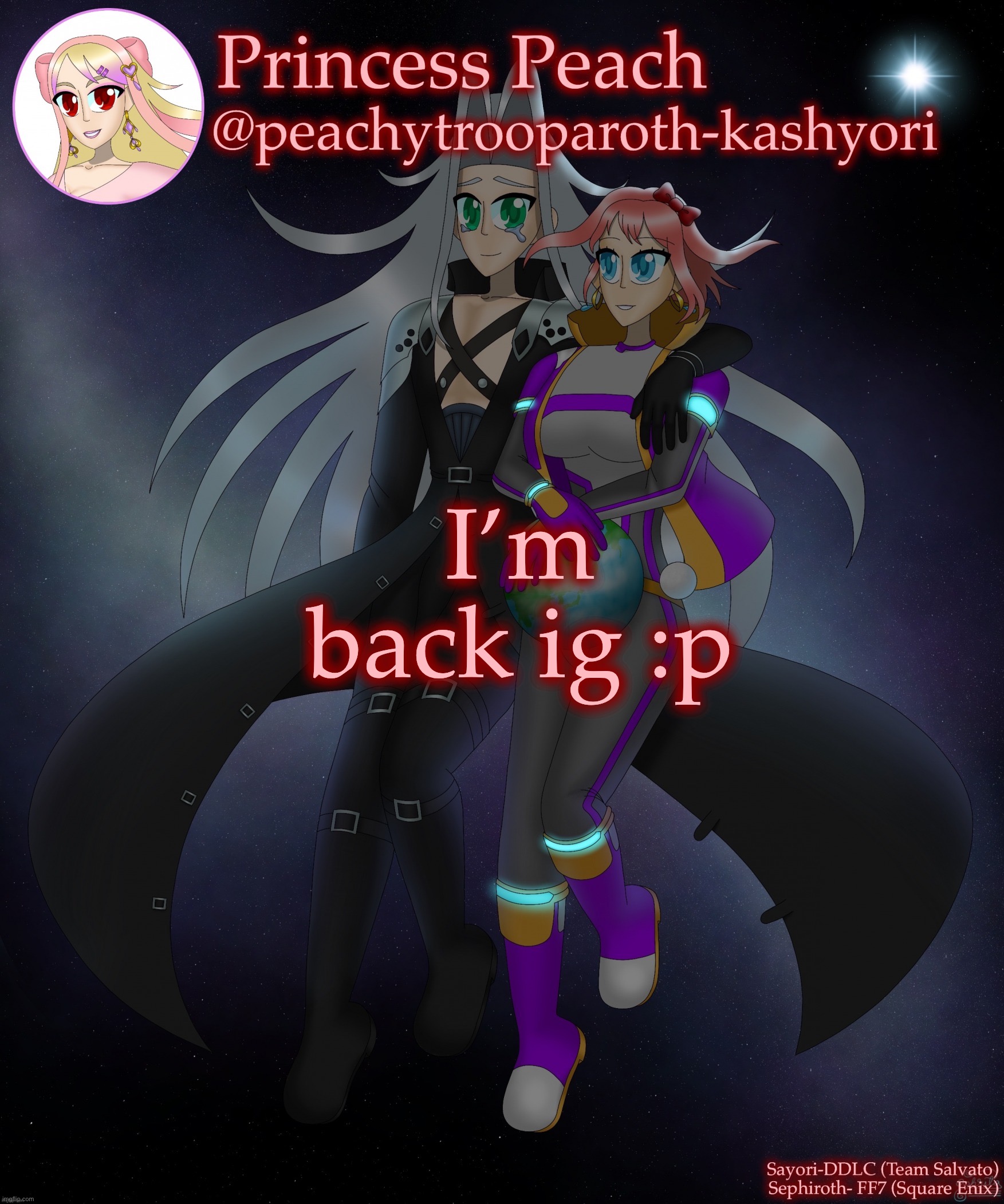 Sayori and Sephiroth | I’m back ig :p | image tagged in sayori and sephiroth | made w/ Imgflip meme maker
