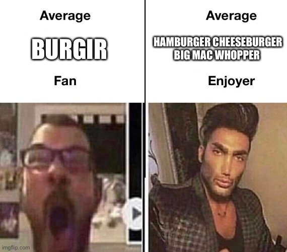 Hamburger Cheeseburger Big Mac Whopper | HAMBURGER CHEESEBURGER BIG MAC WHOPPER; BURGIR | image tagged in average fan vs average enjoyer | made w/ Imgflip meme maker