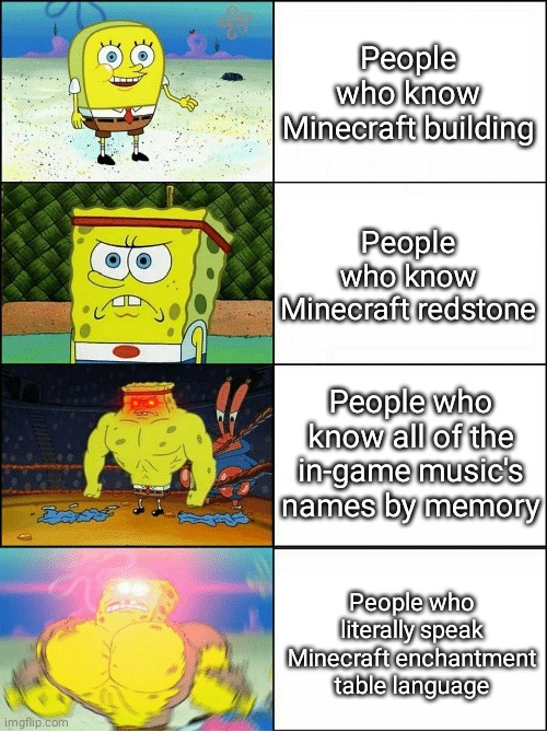 Minecraft ranks 1-4 | People who know Minecraft building; People who know Minecraft redstone; People who know all of the in-game music's names by memory; People who literally speak Minecraft enchantment table language | image tagged in sponge finna commit muder | made w/ Imgflip meme maker