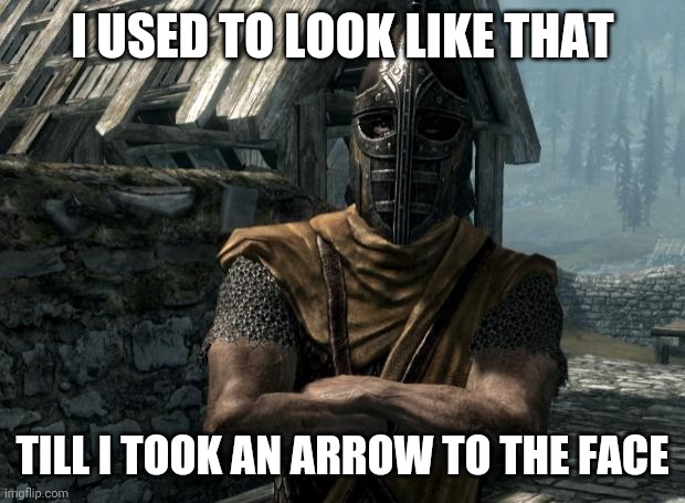 Skyrim guards be like | I USED TO LOOK LIKE THAT TILL I TOOK AN ARROW TO THE FACE | image tagged in skyrim guards be like | made w/ Imgflip meme maker