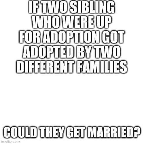 Blank Transparent Square Meme | IF TWO SIBLING WHO WERE UP FOR ADOPTION GOT ADOPTED BY TWO DIFFERENT FAMILIES; COULD THEY GET MARRIED? | image tagged in memes,blank transparent square | made w/ Imgflip meme maker