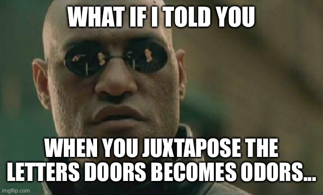 Matrix Morpheus Meme | WHAT IF I TOLD YOU; WHEN YOU JUXTAPOSE THE LETTERS DOORS BECOMES ODORS... | image tagged in memes,matrix morpheus | made w/ Imgflip meme maker
