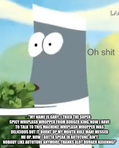 Skinny oh shit | "MY NAME IS GARY, I TRIED THE SUPER SPICY WHIPLASH WHOPPER FROM BURGER KING. NOW I HAVE TO TALK TO THIS MACHINE! WHIPLASH WHOPPER WAS DELICIOUS BUT IT BURNT UP MY MOUTH HOLE MAN! MESSED ME UP, NOW I GOTTA SPEAK IN AUTOTUNE. AIN'T NOBODY LIKE AUTOTUNE ANYMORE, THANKS ALOT BURGER KIIIIINNG!" | image tagged in skinny oh shit | made w/ Imgflip meme maker