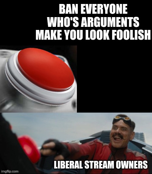 Somehow, I doubt they'll allow this in the official imgflip stream. | BAN EVERYONE WHO'S ARGUMENTS MAKE YOU LOOK FOOLISH; LIBERAL STREAM OWNERS | image tagged in blank black,eggman buttons | made w/ Imgflip meme maker
