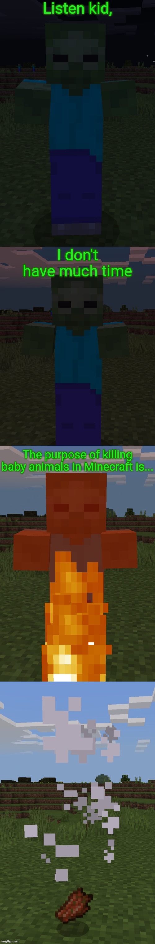 Burning Zombie | Listen kid, I don't have much time; The purpose of killing baby animals in Minecraft is... | image tagged in burning zombie,there is no purpose,barney will eat all of your delectable biscuits | made w/ Imgflip meme maker