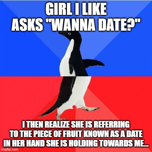 Socially Awkward Awesome Penguin | GIRL I LIKE ASKS "WANNA DATE?"; I THEN REALIZE SHE IS REFERRING TO THE PIECE OF FRUIT KNOWN AS A DATE IN HER HAND SHE IS HOLDING TOWARDS ME... | image tagged in memes,socially awkward awesome penguin | made w/ Imgflip meme maker