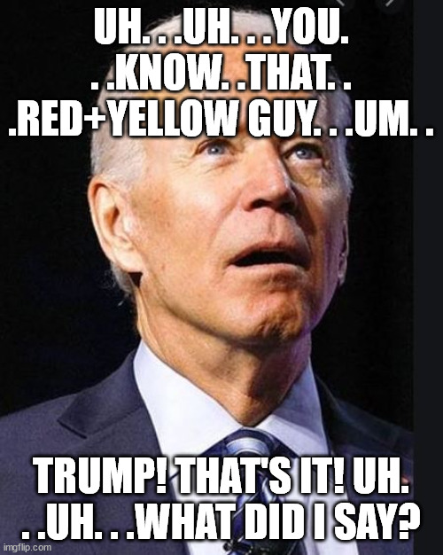 Confused Biden | UH. . .UH. . .YOU. . .KNOW. .THAT. . .RED+YELLOW GUY. . .UM. . TRUMP! THAT'S IT! UH. . .UH. . .WHAT DID I SAY? | image tagged in confused biden | made w/ Imgflip meme maker