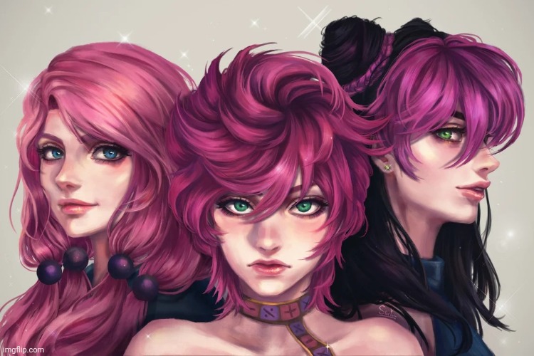 Yasuho, Trish, and Jolyne -not mine- | image tagged in jojo's bizarre adventure,girls,pink,hair | made w/ Imgflip meme maker