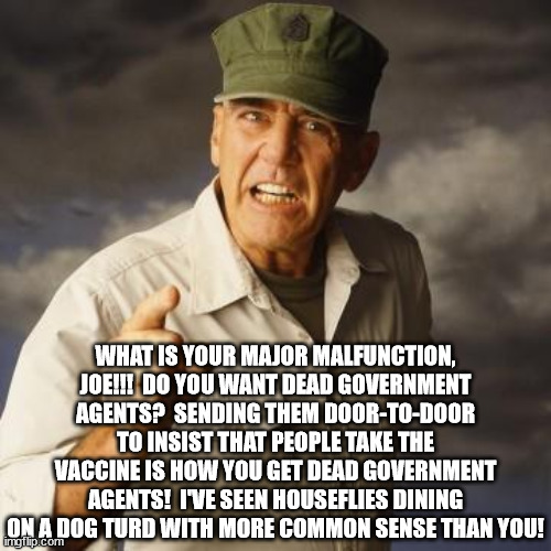 Joe Biden is an idiot. | WHAT IS YOUR MAJOR MALFUNCTION, JOE!!!  DO YOU WANT DEAD GOVERNMENT AGENTS?  SENDING THEM DOOR-TO-DOOR TO INSIST THAT PEOPLE TAKE THE VACCINE IS HOW YOU GET DEAD GOVERNMENT AGENTS!  I'VE SEEN HOUSEFLIES DINING ON A DOG TURD WITH MORE COMMON SENSE THAN YOU! | image tagged in r lee ermey,joe biden,door-to-door vaccine | made w/ Imgflip meme maker