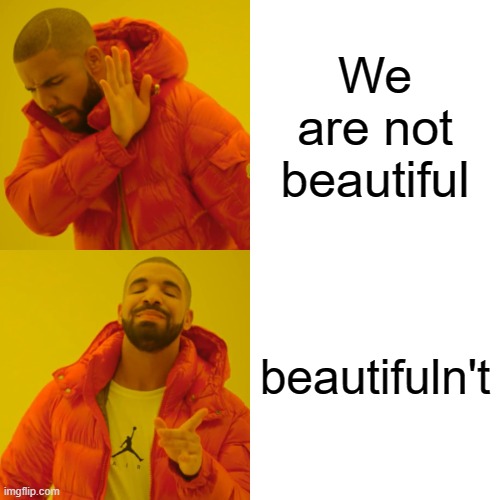 Drake Hotline Bling | We are not beautiful; beautifuln't | image tagged in memes,drake hotline bling | made w/ Imgflip meme maker