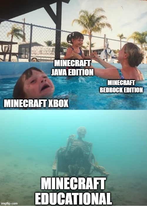 Swimming Pool Kids | MINECRAFT JAVA EDITION; MINECRAFT BEDROCK EDITION; MINECRAFT XBOX; MINECRAFT EDUCATIONAL | image tagged in swimming pool kids | made w/ Imgflip meme maker