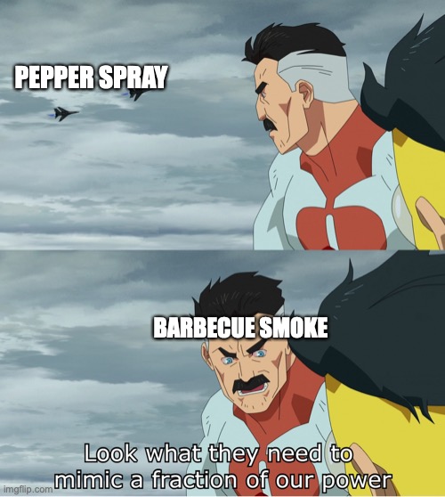 look what they need to mimic a fraction of our power | PEPPER SPRAY; BARBECUE SMOKE | image tagged in look what they need to mimic a fraction of our power | made w/ Imgflip meme maker