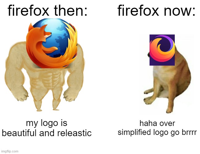 Buff Doge vs. Cheems Meme | firefox then:; firefox now:; my logo is beautiful and releastic; haha over simplified logo go brrrr | image tagged in memes,buff doge vs cheems | made w/ Imgflip meme maker