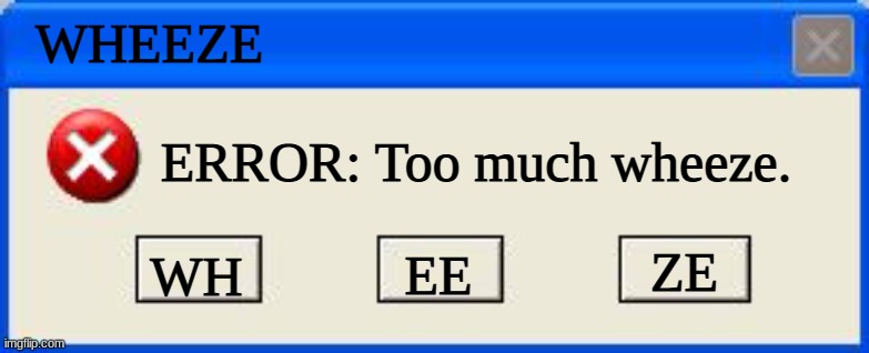 Windows xp error | WHEEZE WH ERROR: Too much wheeze. EE ZE | image tagged in windows xp error | made w/ Imgflip meme maker
