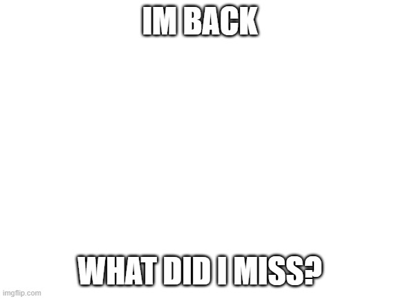 ? | IM BACK; WHAT DID I MISS? | image tagged in blank white template | made w/ Imgflip meme maker