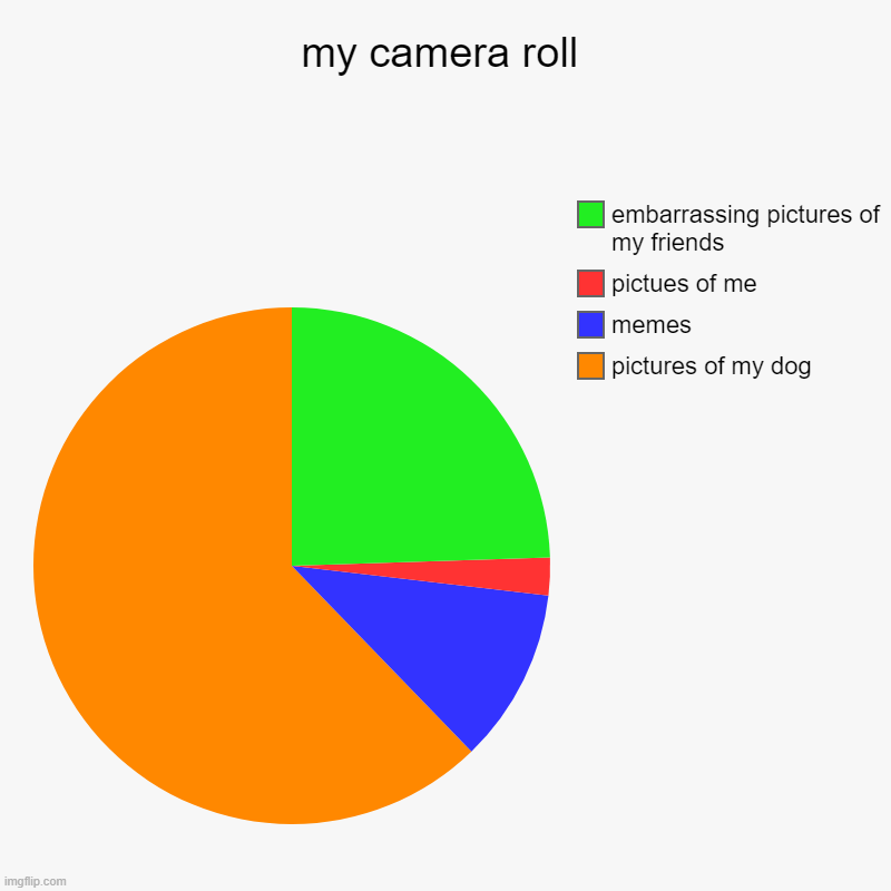 my camera roll | pictures of my dog, memes, pictues of me, embarrassing pictures of my friends | image tagged in charts,pie charts | made w/ Imgflip chart maker