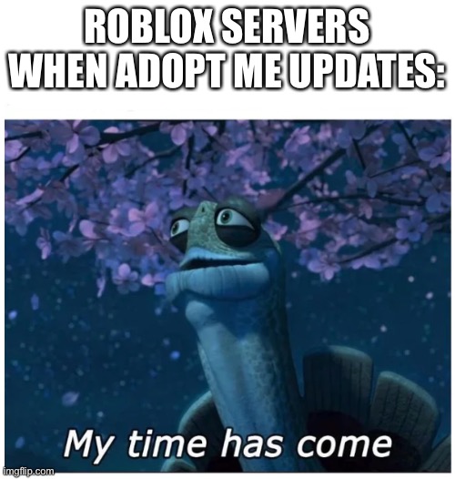 and we all crash | ROBLOX SERVERS WHEN ADOPT ME UPDATES: | image tagged in my time has come | made w/ Imgflip meme maker