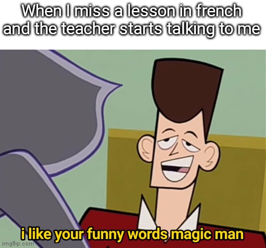 I like your funny words magic man | When I miss a lesson in french and the teacher starts talking to me | image tagged in i like your funny words magic man,french,nonsense | made w/ Imgflip meme maker