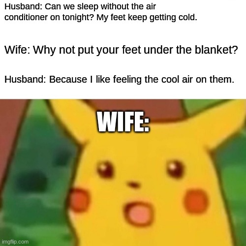 Never satisfied. | Husband: Can we sleep without the air conditioner on tonight? My feet keep getting cold. Wife: Why not put your feet under the blanket? Husband: Because I like feeling the cool air on them. WIFE: | image tagged in memes,surprised pikachu,air conditioner,irony,not a true story | made w/ Imgflip meme maker