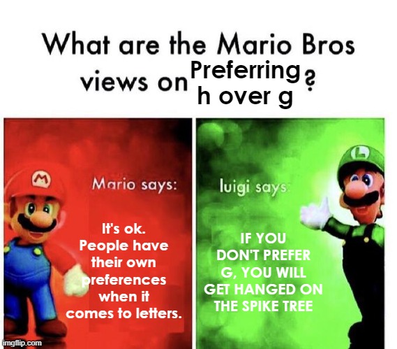 h = spike tree hang | Preferring h over g; It's ok. People have their own preferences when it comes to letters. IF YOU DON'T PREFER G, YOU WILL GET HANGED ON THE SPIKE TREE | image tagged in mario bros views,memes,gifs | made w/ Imgflip meme maker