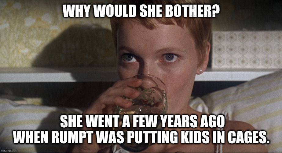 Rosemary | WHY WOULD SHE BOTHER? SHE WENT A FEW YEARS AGO WHEN RUMPT WAS PUTTING KIDS IN CAGES. | image tagged in rosemary | made w/ Imgflip meme maker