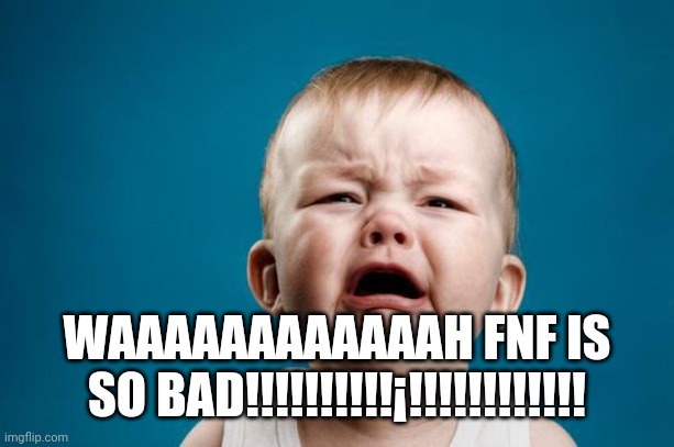 BABY CRYING | WAAAAAAAAAAAAH FNF IS SO BAD!!!!!!!!!!¡!!!!!!!!!!!! | image tagged in baby crying | made w/ Imgflip meme maker