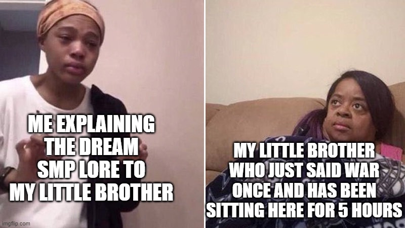 When your explaining the dream smp lore | ME EXPLAINING THE DREAM SMP LORE TO MY LITTLE BROTHER; MY LITTLE BROTHER WHO JUST SAID WAR ONCE AND HAS BEEN SITTING HERE FOR 5 HOURS | image tagged in me explaining to my mom,little brother,dream smp | made w/ Imgflip meme maker