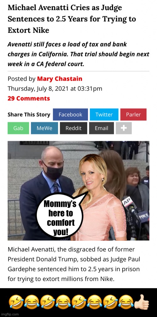 Michael Avenatti summed up: LOL! | Mommy’s 
here to
comfort
you! 🤣😂🤣😂🤣😂🤣😂👍🏻 | image tagged in michael avenatti,stormy daniels,msm lies,fake news,cnn very fake news,you are fake news | made w/ Imgflip meme maker