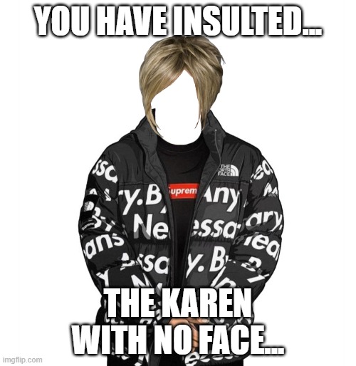 When you say something to a Karen which you will regret. | YOU HAVE INSULTED... THE KAREN WITH NO FACE... | image tagged in goku drip | made w/ Imgflip meme maker