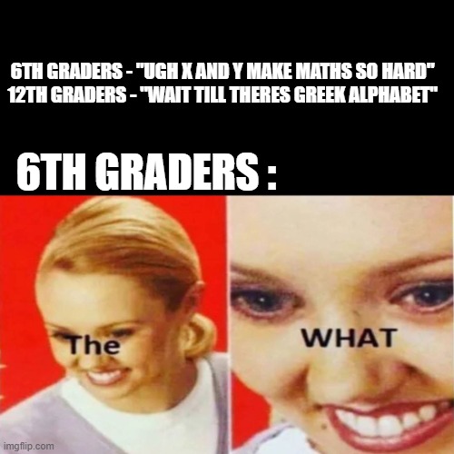 THE WHAT? | 6TH GRADERS - "UGH X AND Y MAKE MATHS SO HARD"

12TH GRADERS - "WAIT TILL THERES GREEK ALPHABET"; 6TH GRADERS : | image tagged in the what,math,hard math,rip | made w/ Imgflip meme maker