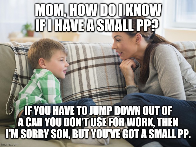 Little boy small pp | MOM, HOW DO I KNOW IF I HAVE A SMALL PP? IF YOU HAVE TO JUMP DOWN OUT OF A CAR YOU DON'T USE FOR WORK, THEN I'M SORRY SON, BUT YOU'VE GOT A SMALL PP. | image tagged in little boy small pp | made w/ Imgflip meme maker