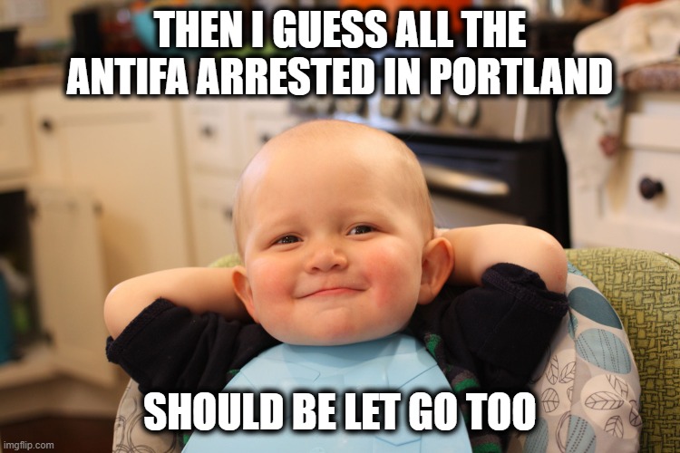 Baby Boss Relaxed Smug Content | THEN I GUESS ALL THE ANTIFA ARRESTED IN PORTLAND SHOULD BE LET GO TOO | image tagged in baby boss relaxed smug content | made w/ Imgflip meme maker