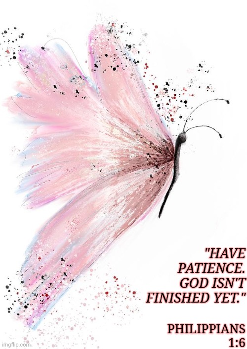 Scripture | "HAVE PATIENCE.
GOD ISN'T FINISHED YET."; PHILIPPIANS 1:6 | image tagged in butterfly | made w/ Imgflip meme maker