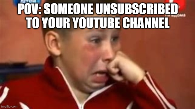 Why would You Unsubscribe To My Channel When You Can Subscribe Right Here: https://www.youtube.com/channel/UCearsCRpB2qFLxeOx8RA | POV: SOMEONE UNSUBSCRIBED TO YOUR YOUTUBE CHANNEL | image tagged in memes,lol,cryingkid | made w/ Imgflip meme maker
