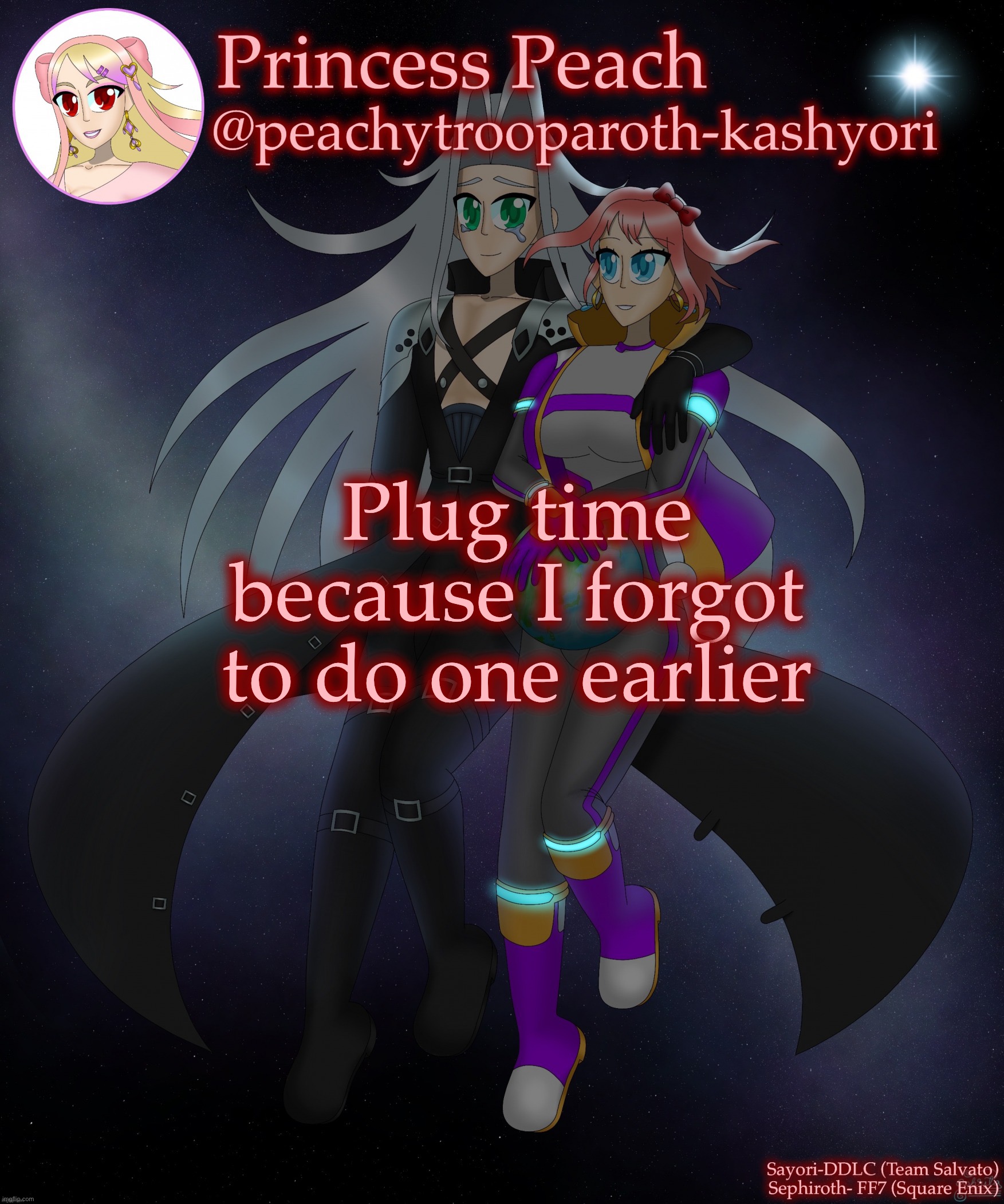 Sayori and Sephiroth | Plug time because I forgot to do one earlier | image tagged in sayori and sephiroth | made w/ Imgflip meme maker