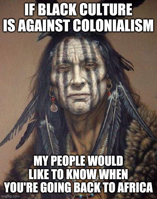 This land is my land, that land is your land | IF BLACK CULTURE IS AGAINST COLONIALISM; MY PEOPLE WOULD LIKE TO KNOW WHEN YOU'RE GOING BACK TO AFRICA | image tagged in native american,america,colonialism,africa,go home obama you're drunk,go home | made w/ Imgflip meme maker