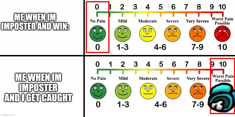 imposter sus | ME WHEN IM IMPOSTER AND WIN:; ME WHEN IM IMPOSTER AND I GET CAUGHT | image tagged in pain scale | made w/ Imgflip meme maker