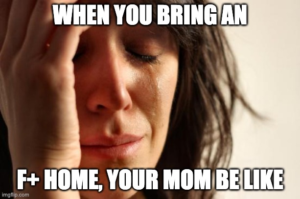 First World Problems Meme | WHEN YOU BRING AN; F+ HOME, YOUR MOM BE LIKE | image tagged in memes,first world problems | made w/ Imgflip meme maker