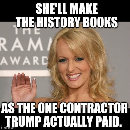 Stormy Daniels | SHE'LL MAKE THE HISTORY BOOKS; AS THE ONE CONTRACTOR TRUMP ACTUALLY PAID. | image tagged in stormy daniels | made w/ Imgflip meme maker
