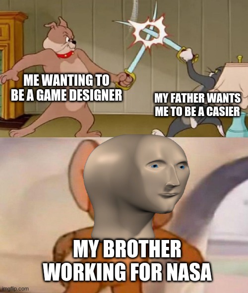 so? good? | ME WANTING TO BE A GAME DESIGNER; MY FATHER WANTS ME TO BE A CASIER; MY BROTHER WORKING FOR NASA | image tagged in tom and jerry swordfight | made w/ Imgflip meme maker