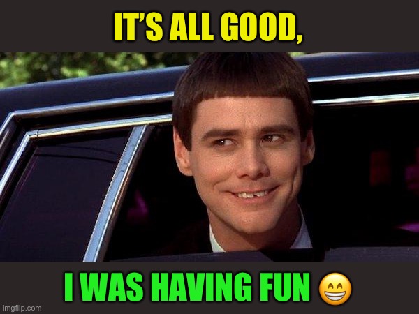 dumb and dumber | IT’S ALL GOOD, I WAS HAVING FUN ? | image tagged in dumb and dumber | made w/ Imgflip meme maker